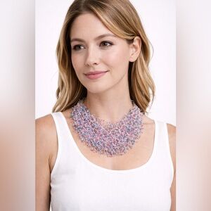 Handmade Beaded Choker Necklace – Pink Blue Crystal Statement | NWOT